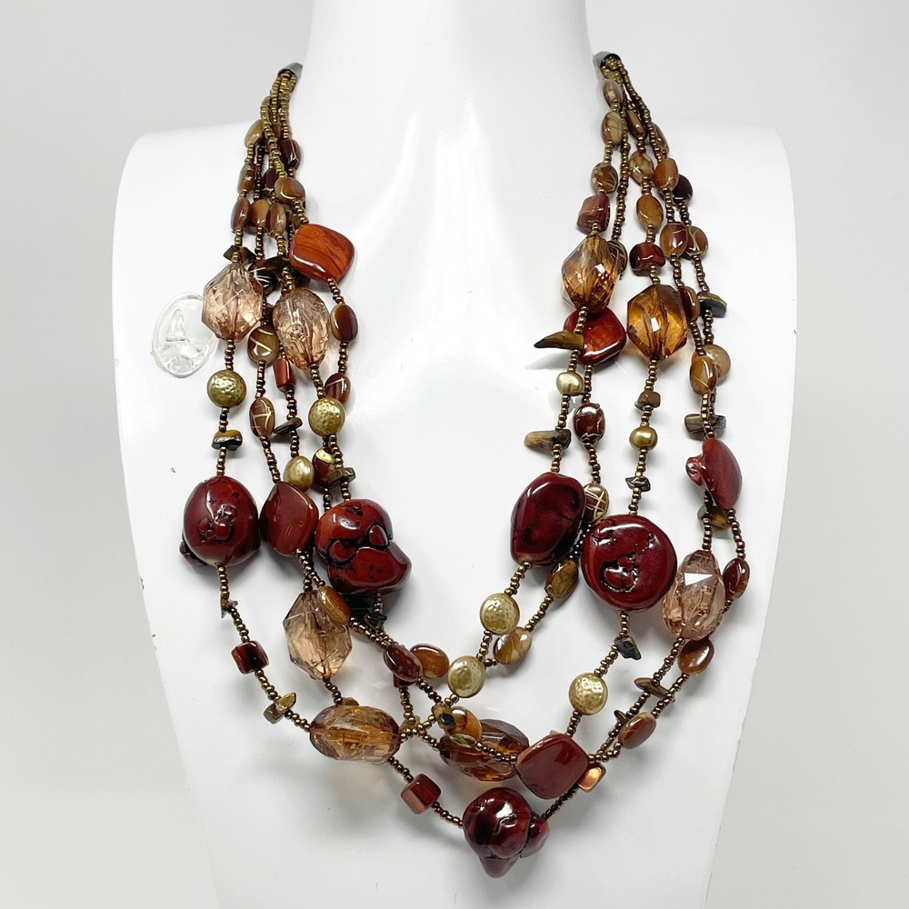 Amber Brown Beaded Multi-Strand Necklace Boho Statement Plastic Silver Tone Fall